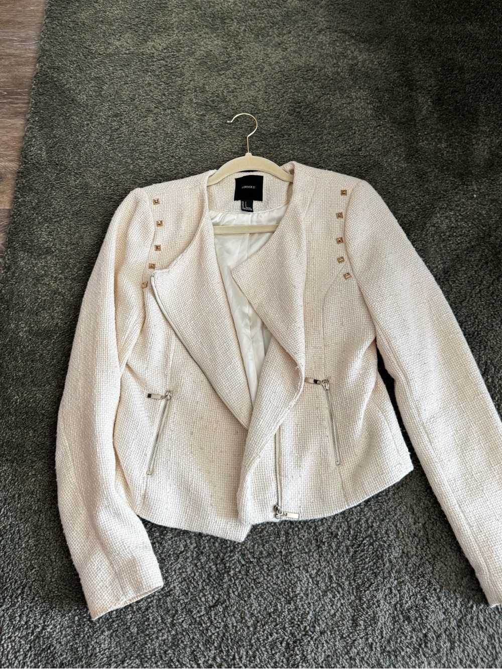 Forever 21 Cream Tweed Moto Jacket